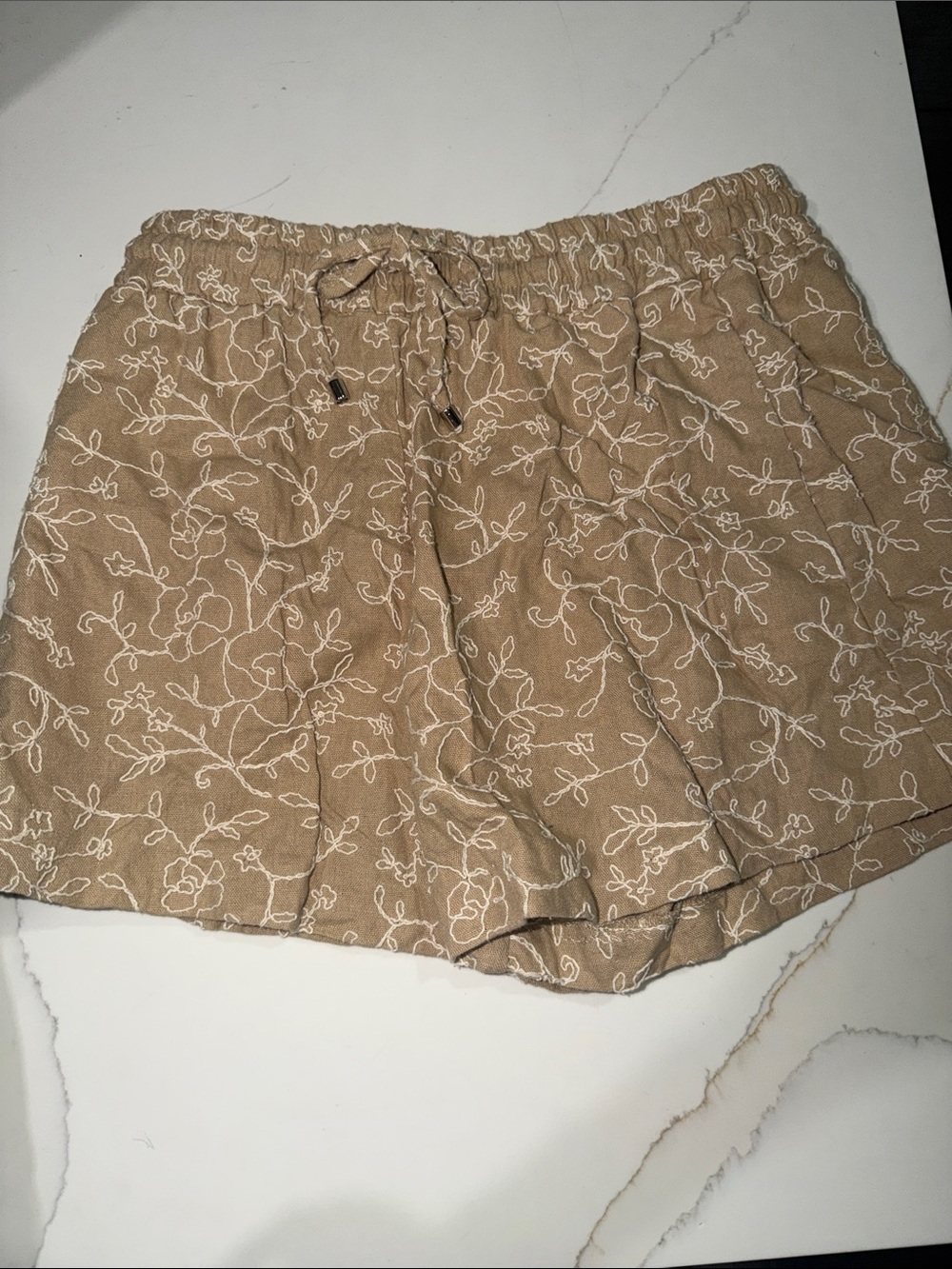 Zara Tan Floral Embroidered Drawstring Skort